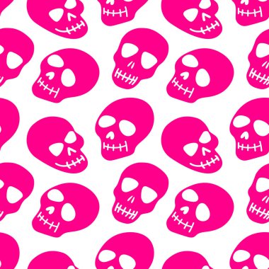 Kafatasının şekli. Beyaz arka planda pembe kafatasları. Bir kafatasının vektör çizimi. Cadılar Bayramı için parlak ve modaya uygun tasarım, Ölüler Günü, dövmeler, baskılar