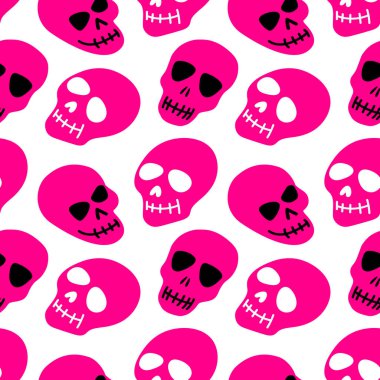 Kafatasının şekli. Beyaz arka planda pembe kafatasları. Bir kafatasının vektör çizimi. Cadılar Bayramı için parlak ve modaya uygun tasarım, Ölüler Günü, dövmeler, baskılar