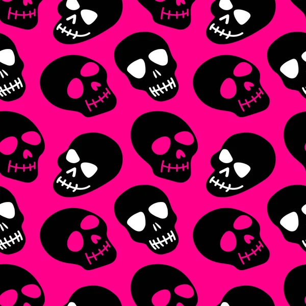 The skull pattern. Pink skulls on a black background.Vector illustration.Design for Halloween, Day of the dead — Stock Vector