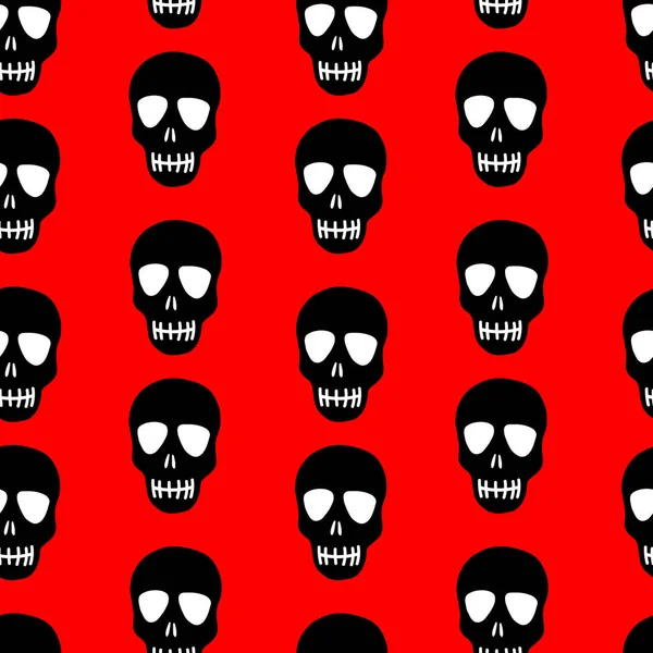 Padrão sem emenda de um crânio preto sobre um fundo vermelho. Padrão de crânio. Design brilhante para o Halloween, dia dos mortos — Vetor de Stock