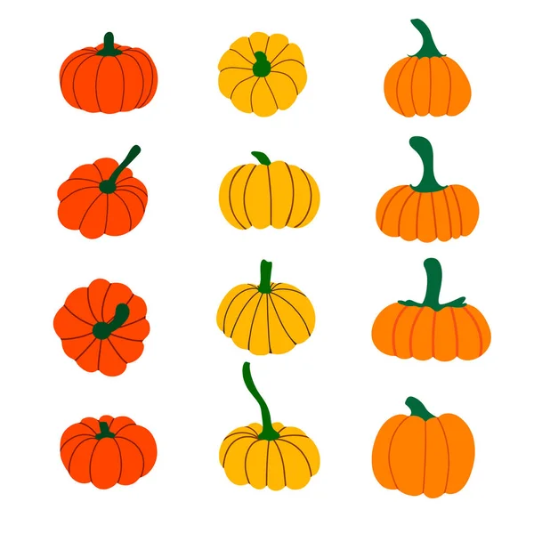 Conjunto de calabazas. Colección de calabazas naranjas, rojas, amarillas. Elementos para Halloween y diseño de Acción de Gracias. Verduras de otoño. Ilustración plana del vector — Archivo Imágenes Vectoriales