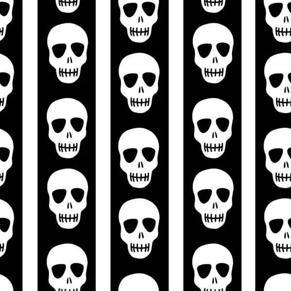 Αδιάλειπτη μοτίβο κρανίο σε μαύρο και άσπρο ριγέ φόντο. Σχεδιάστε για το Halloween, Ημέρα των Νεκρών. Εικονογράφηση διανύσματος — Διανυσματικό Αρχείο