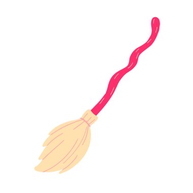 Cadıların süpürgesi. Beyaz bir arka planda izole edilmiş bir süpürge. Cadılar Bayramı için tasarlanmış. Düz vektör illüstrasyonu