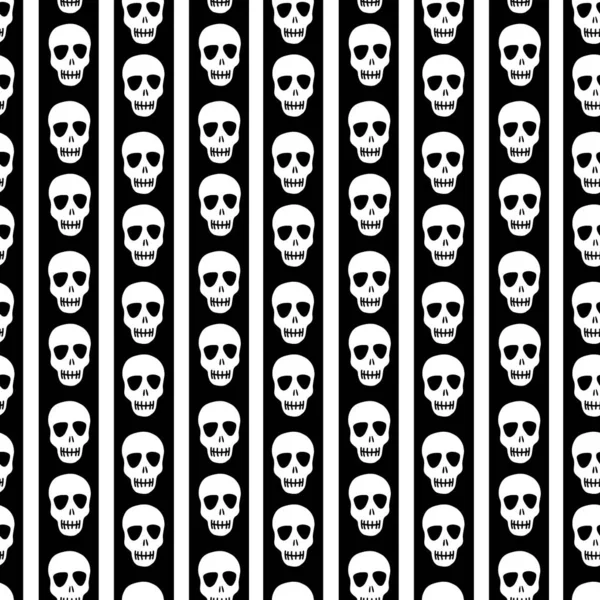 Bezešvé lebka vzor na černobíle pruhované pozadí. Pruhovaný vzor s lebkami.Design na Halloween, Den mrtvých. Vektorová ilustrace — Stockový vektor