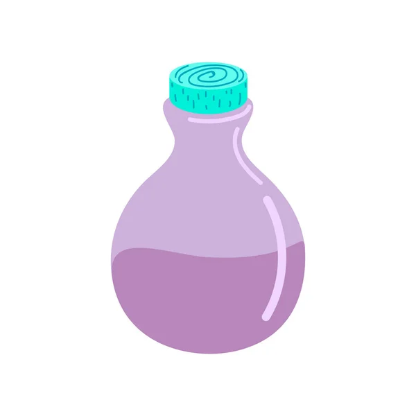 A glass bottle with a magic potion. A magic potion. Elixir. Flat vector illustration. Design for Halloween, invitation cards, greeting cards, printing. Cute little bottle of witch potion. — Stock Vector