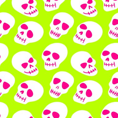 Açık yeşil arka planda beyaz bir kafatasının kusursuz deseni. Kafatasının parlak şekli. Cadılar Bayramı için renkli tasarım, Ölüler Günü. Vektör illüstrasyonu