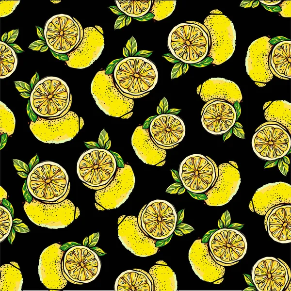 黄色のレモンとシームレスなパターン,全体と黒の背景にスライス.柑橘類との背景.グラフィックスタイルで植物ベクトルイラスト.テキスタイルのためのデザイン,紙,印刷 — ストックベクタ