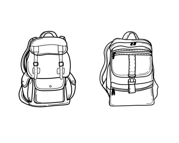 学校のバックパックやサッチェル。旅行やハイキングのための観光バックパック。輸送のための荷物バッグ。 — ストックベクタ