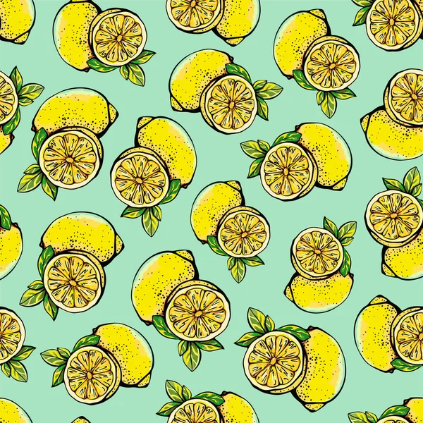黄色のレモンとシームレスなパターン,全体とスライス.白い背景にレモンのパターン。グラフィックスタイルで柑橘系のベクトルイラストでテクスチャ.テキスタイル,紙,印刷用のデザイン — ストックベクタ