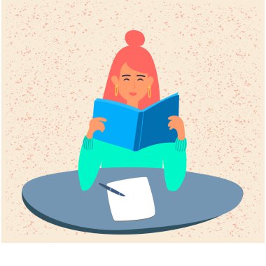  Kızın elinde bir ders kitabı var. Bir öğrenci bir kitap okuyor, üniversitede sınavlara ya da okul sınavına hazırlanıyor. Bir genç ders kitabı okuyor. Çizgi film tarzında düz illüstrasyon