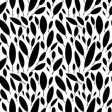  Yapraklı siyah beyaz desenli. İskandinav tarzında kusursuz botanik desenli. Yaprak deseni. Düz stil.