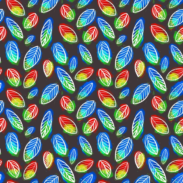 Бесшовный узор ярких красочных листьев на черном фоне. Рисунок листьев. Ботанический рисунок. Осенний узор. Дизайн для бумаги, одежды, текстиля, блогов. векторная иллюстрация — стоковый вектор