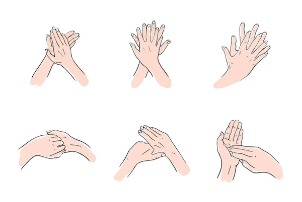 Zasady mycia rąk. Dezynfekcja bakterii i drobnoustrojów Higieniczne leczenie infekcji. Ręcznie rysowane ilustracje.Jak prawidłowo umyć ręce — Zdjęcie stockowe