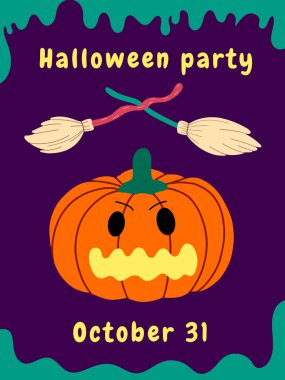 Cadılar Bayramı partisi, davetiye, el ilanı, poster, düzen, şablon. Cadılar Bayramı için tatil broşürü tasarımı. Düz vektör illüstrasyonu