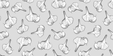 Gri arka planda elle çizilmiş sarımsak deseni. Vektör çizimi. Yemek kitapları, bloglar, tekstil, ambalajlar için tasarım