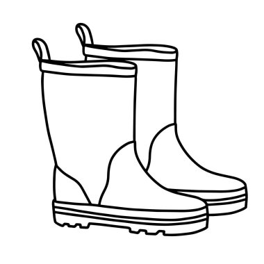 Beyaz bir zeminde izole edilmiş lastik botlar. Su birikintilerinde yürümek için sonbahar ayakkabıları. Suya dayanıklı botlar. Bahçede çalışması için bahçıvanın botları. Doodle biçiminde vektör illüstrasyonu