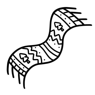 Beyaz bir arka planda izole edilmiş yün bir eşarp. Suç ortağı, sonbahar ve kış kıyafetleri. Doodle biçiminde vektör illüstrasyonu