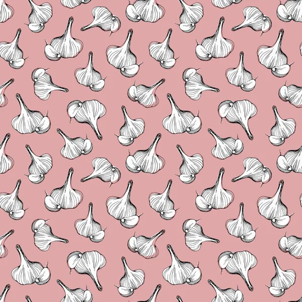 Schöne nahtlose Knoblauchmuster auf rosa Hintergrund von Hand gezeichnet. Ein einfaches Muster von Knoblauch. Vektorillustration — Stockvektor