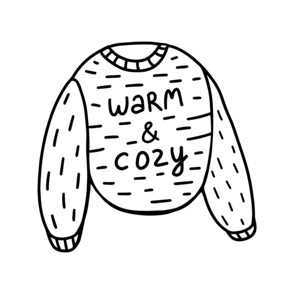 Kötött gyapjú pulóver elszigetelt fehér alapon. Meleg és kényelmes pulcsi. Őszi és téli ruhák. Vektor illusztráció Doodle stílusban — Stock Vector