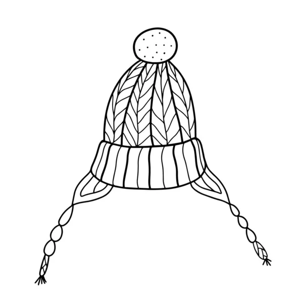 Téli kötött kalap harisnyakötővel. Kézzel rajzolt vektorillusztráció firka stílusban. Téli és őszi tartozék — Stock Vector