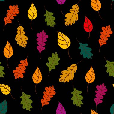 Düşen yaprakların deseni. Siyah arka planda devrilmiş ağaç yaprakları olan Bothnian sonbahar deseni. Renkli bir sonbahar arkaplanı.