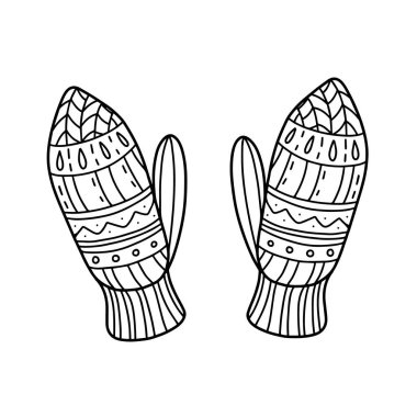 Doodle tarzında şirin ve örgü eldivenler. Vektör illüstrasyonu.