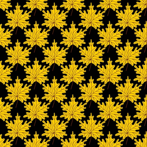 Giallo acero dorato foglie senza cuciture Pattern.Beautiful modello autunnale con foglie cadute su uno sfondo nero.Colorato sfondo autunnale. Illustrazione vettoriale in stile piatto per carta, tessile, stampa — Vettoriale Stock