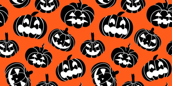 Patrón sin costuras de calabazas negras sobre un fondo anaranjado.Patrón de Halloween Diseño para textiles de papel, banners de impresión — Archivo Imágenes Vectoriales