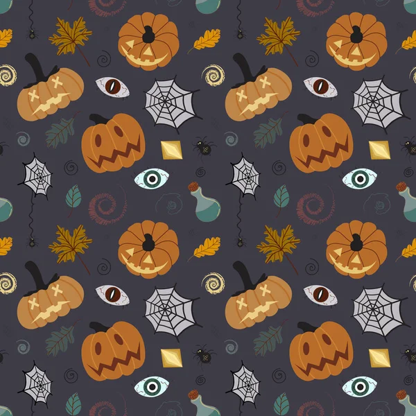 Nahtloses Halloween-Kürbismuster mit Blättern, Spinnweben, Spinnen, Tränken. Kürbismuster auf schwarzem Hintergrund. Design für Einladungen, Postkarten, Druck, Textilien.. Handgezeichnete Vektorillustration — Stockvektor