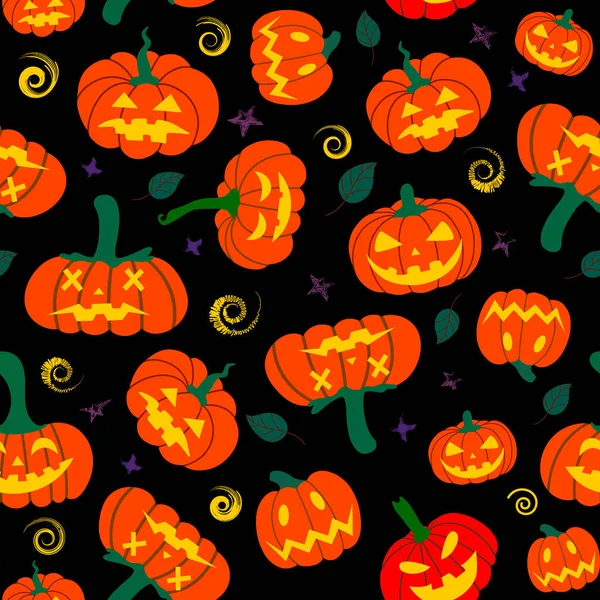 Modello di zucca senza cuciture con foglie cadute in autunno su uno sfondo nero. Motivo Halloween autunno.Design per Halloween e Ringraziamento, tessile, carta, stampa — Vettoriale Stock