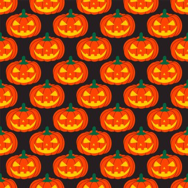 Kusursuz bir Cadılar Bayramı balkabağı deseni ve siyah arka planda oyulmuş yüzler. Cadılar Bayramı ve Şükran Günü için tasarım. El çizimi vektör illüstrasyonu