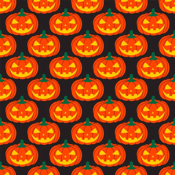 Seamless Halloween pumpkin pattern with carved faces on a black background. Design for Halloween and thanksgiving. Hand-drawn vector illustration — Stock Vector