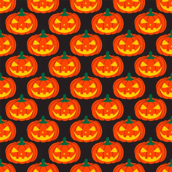 Patrón de calabaza de Halloween sin costuras con caras talladas sobre un fondo negro. Diseño para Halloween y Acción de Gracias. Ilustración vectorial dibujada a mano — Archivo Imágenes Vectoriales