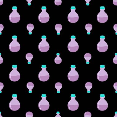 Siyah arka planda kusursuz iksir deseni. Sihirli iksir Cadılar Bayramı deseni. Cadılar Bayramı konsepti, büyücülük.