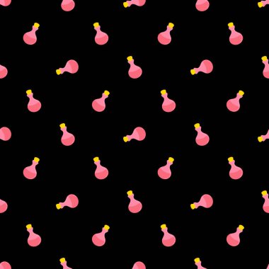 İksirle doldurulmuş cam şişelerin deseni. Cadılar Bayramı konsepti, büyücülük. Paket kağıdı ve ağ için tasarım