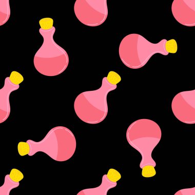 Siyah arka planda iksir dolu kusursuz cam şişe desenleri. Cadılar Bayramı konsepti, büyücülük.