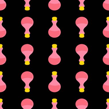 İksirli kusursuz desen. Sihirli iksir: kaplar ve şişeler. Vektör Cadılar Bayramı konsepti, büyücülük