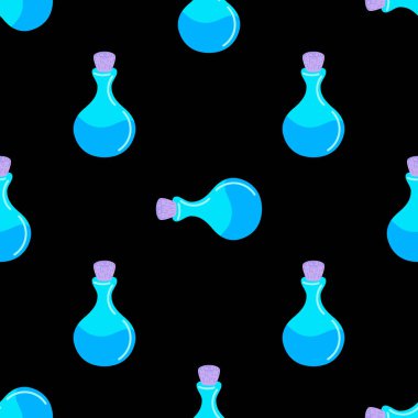 İksir şişesiyle kusursuz desen. Vektör çizimi. Cadılar Bayramı konsepti, cadılık. Pankart, kağıt, ağ tasarımı