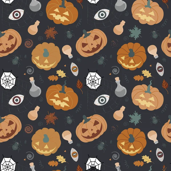 Seamless Halloween pattern with pumpkins, cobwebs, leaves, spiders, potions witchcraft elements Pumpkin pattern on a black background. Design for invitations, postcards.vector illustration — Stock Illustration Seamless Halloween pattern with pumpkins, cobwebs, leaves, spiders, potions witchcraft elements Pumpkin pattern on a black background. Design for invitations, postcards.vector illustration Stock Illustration