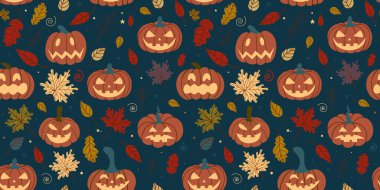 Karanlık bir arka planda düşen sonbahar yapraklarıyla kusursuz balkabağı deseni. Cadılar Bayramı Şablonu. Pankartlar, Cadılar Bayramı davetiyeleri, basılı ürünler, kartpostallar, tekstil tasarımları.