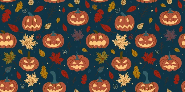 Płynny wzór dyni z opadniętymi jesiennymi liśćmi na ciemnym tle. Wzór na Halloween. Projekt banerów, zaproszeń na Halloween, produktów drukowanych, pocztówek, tekstyliów — Wektor stockowy