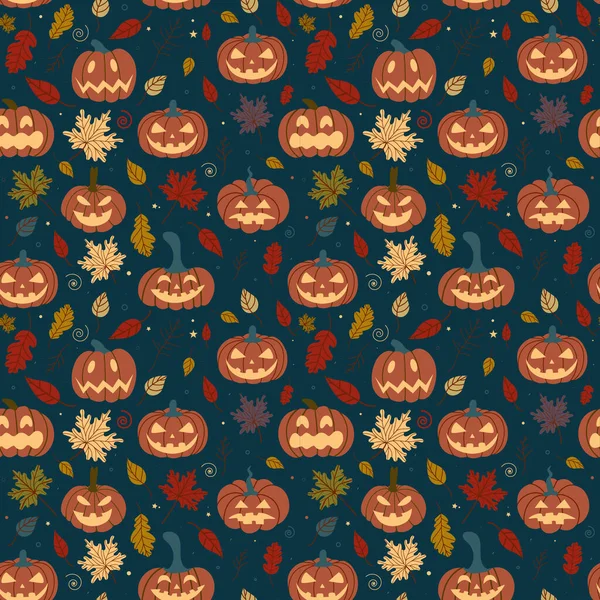 Seamless pattern with pumpkin and fallen leaves — Stock Vector