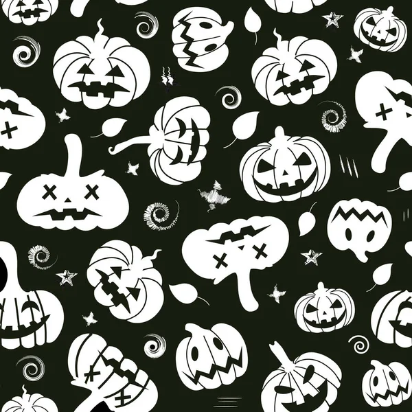 Płynny wzór białych sylwetek dyń i liści, bazgrołów. Wzór Halloween. Ilustracja wektora — Wektor stockowy