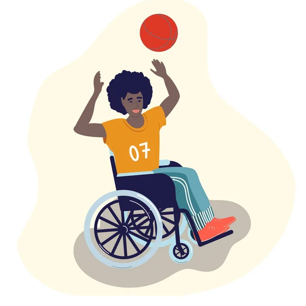 Інвалід грає в баскетбол на інвалідному візку. Чорні люди з обмеженими можливостями. Паралімпійські види спорту — стоковий вектор
