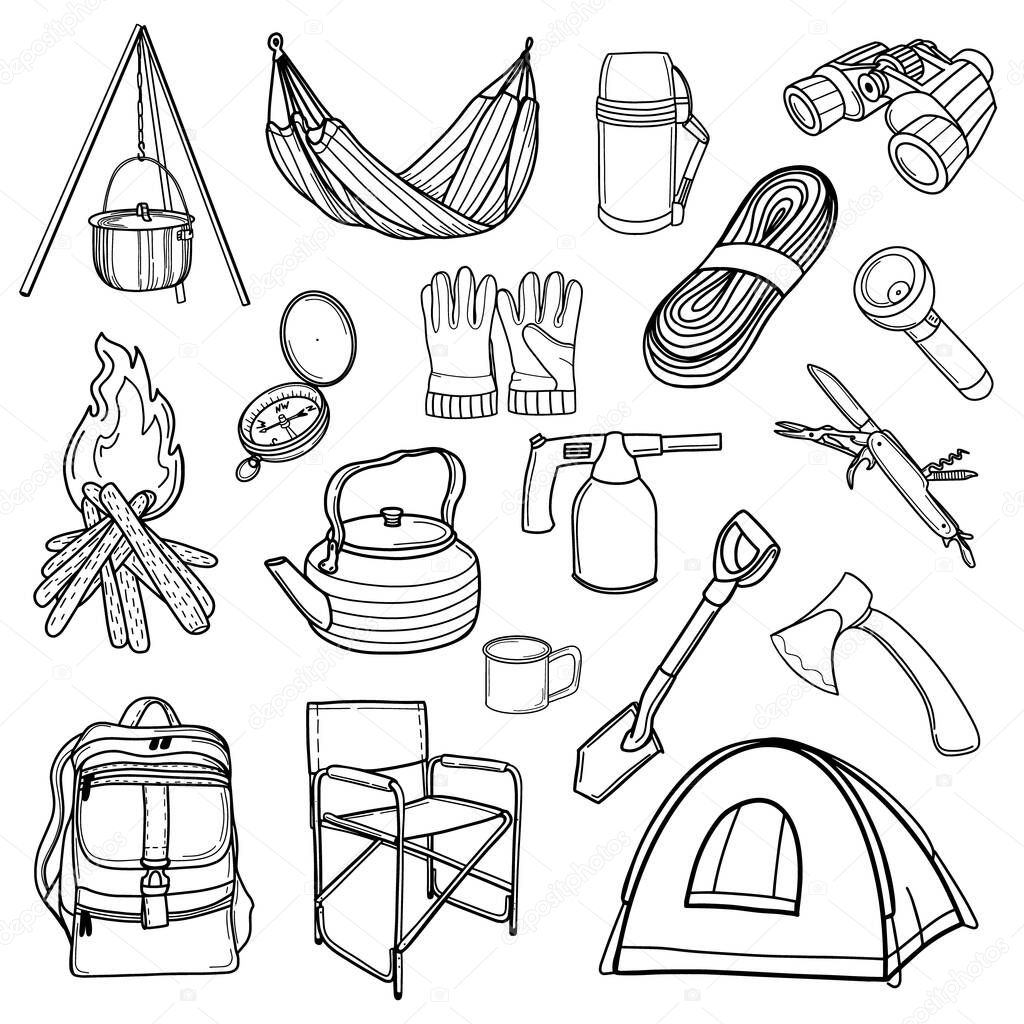 Tourist equipment. A set of icons for camping