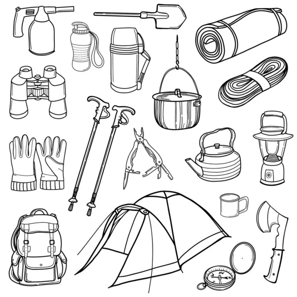 Equipamiento turístico y de camping. Senderismo, viajes. — Archivo Imágenes Vectoriales