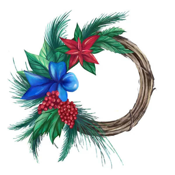 モミの枝の装飾的な花輪ローワンベリー ポインセチアの花 伝統的なクリスマスの装飾 クリスマスの休日の水彩イラスト — ストック写真