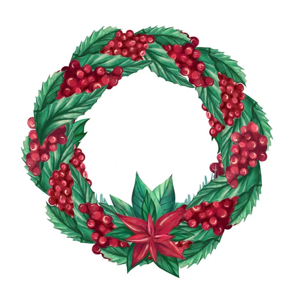 Рождественский венок из ягод, Холли листья, Poinsettia — стоковое фото