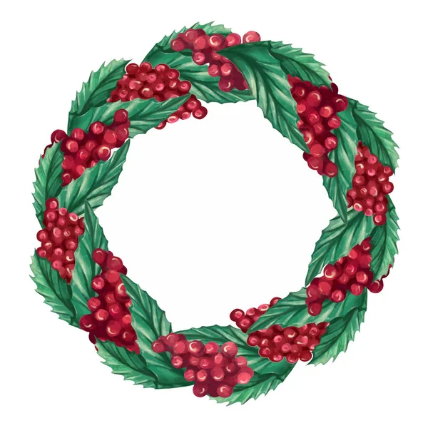 Corona de Navidad acuarela con hojas de Rowan, bayas de acebo. Decoración decorativa de Navidad — Vector de stock