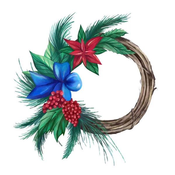 モミの枝、ローワンベリー、ポインセチアの花の装飾的な花輪。伝統的なクリスマスの装飾 — ストックベクタ